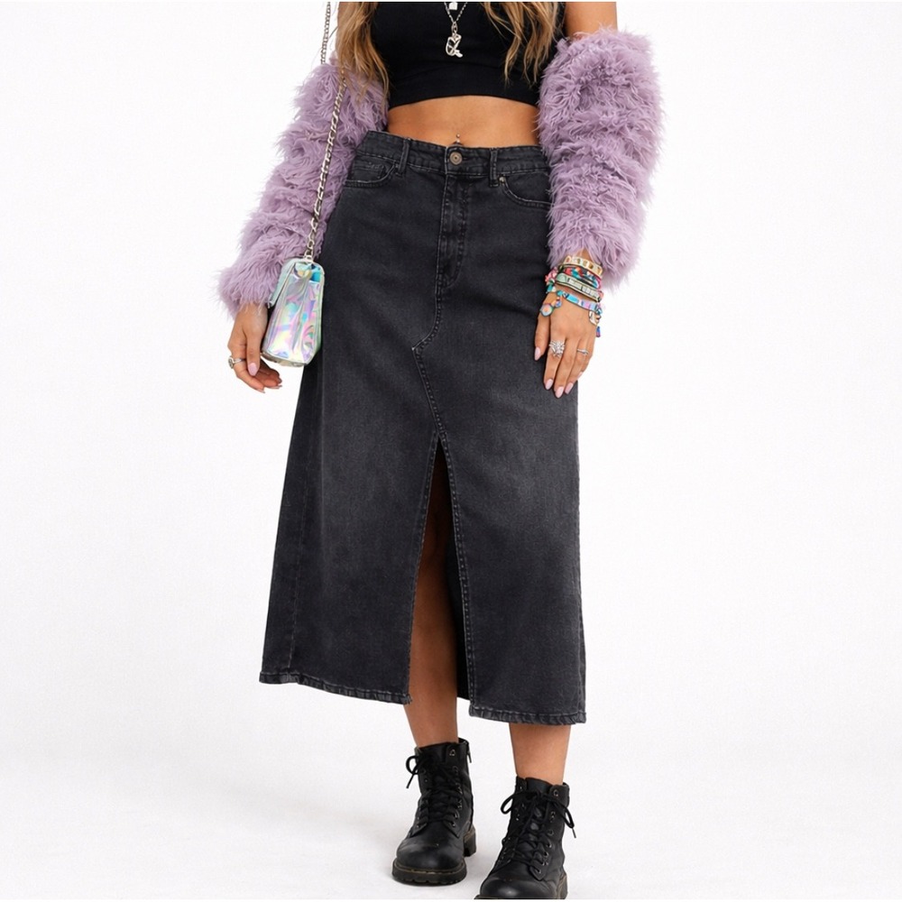 Serra Womens Y2K Black Denim Midi Skirt M Slit High Waist Grunge Festival Edgy